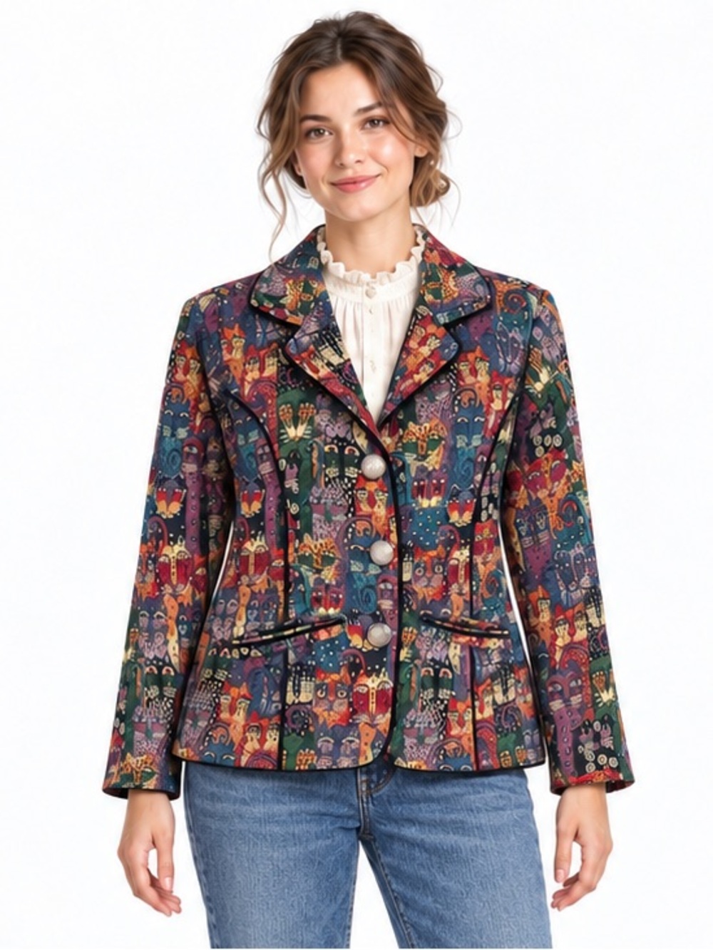 Vintage Parsley & Sage Cat Tapestry Beaded Blazer Jacket Small Crazy Cat Lady